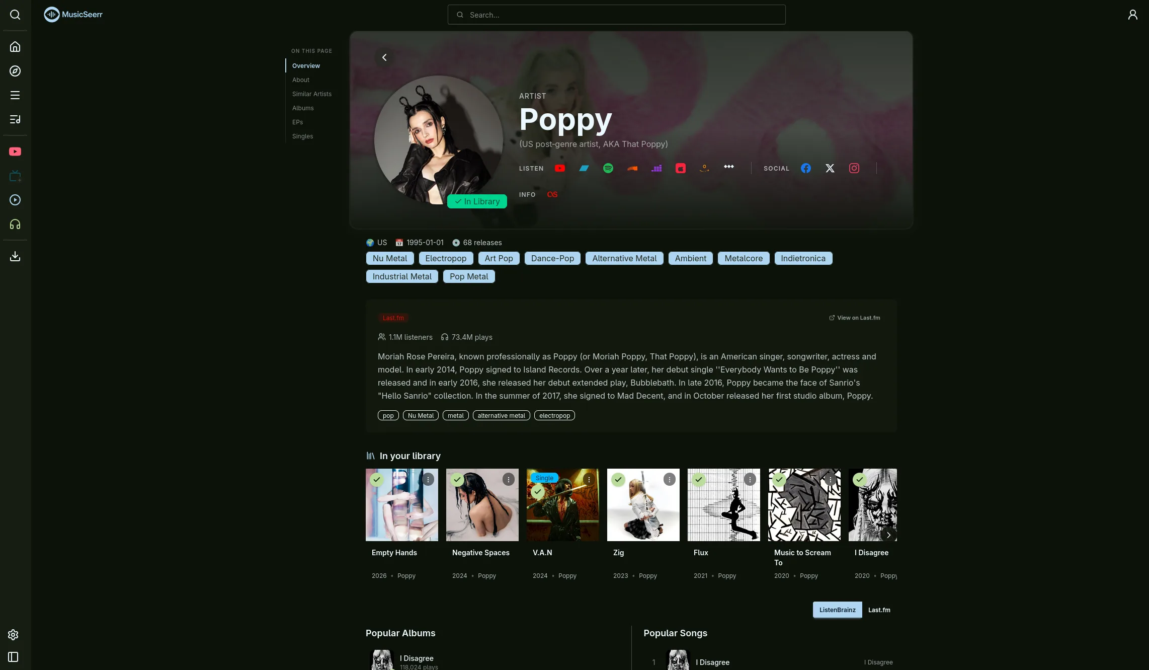 MusicSeerr artist page with discography and metadata