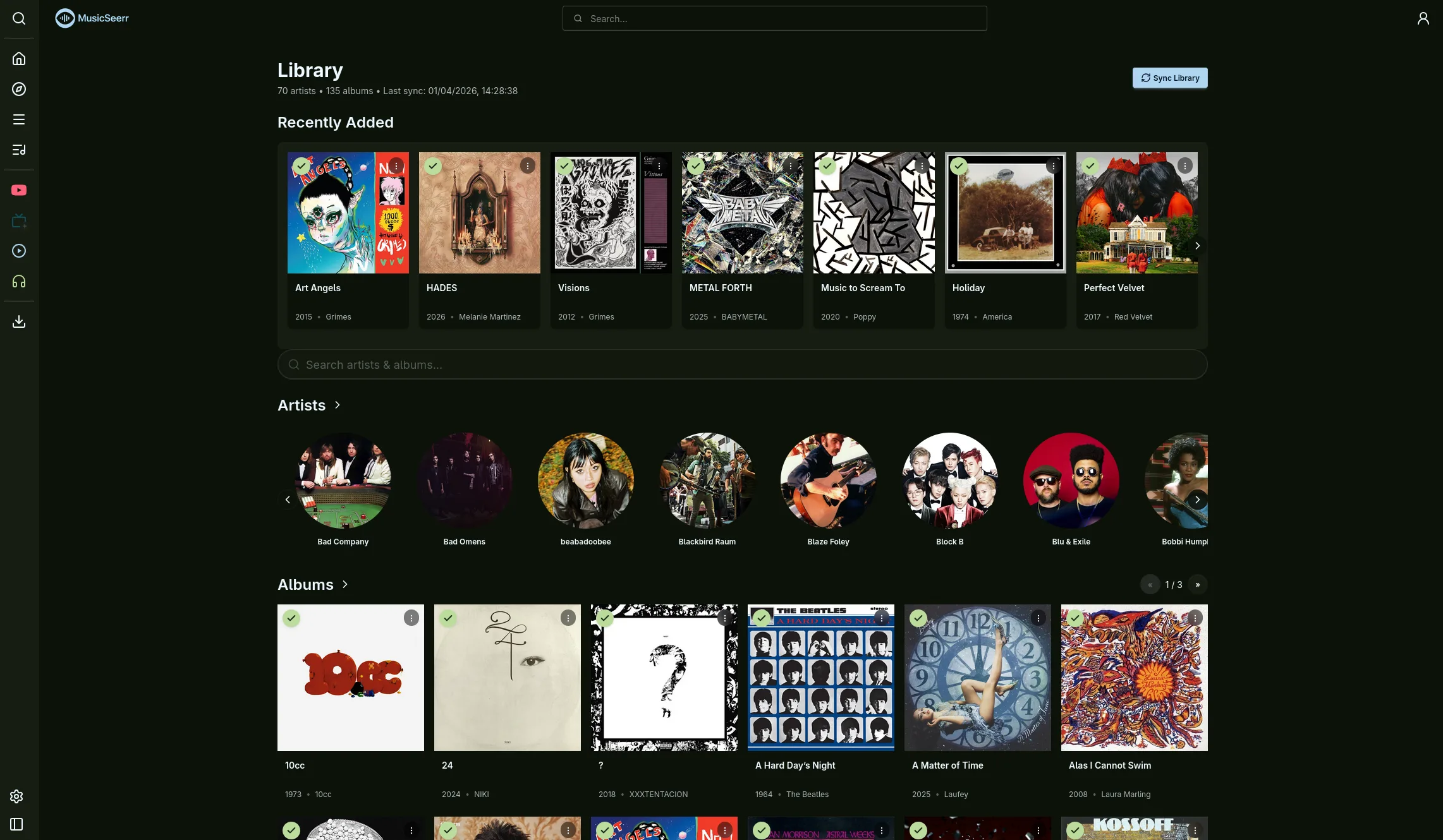 MusicSeerr library overview with recent additions