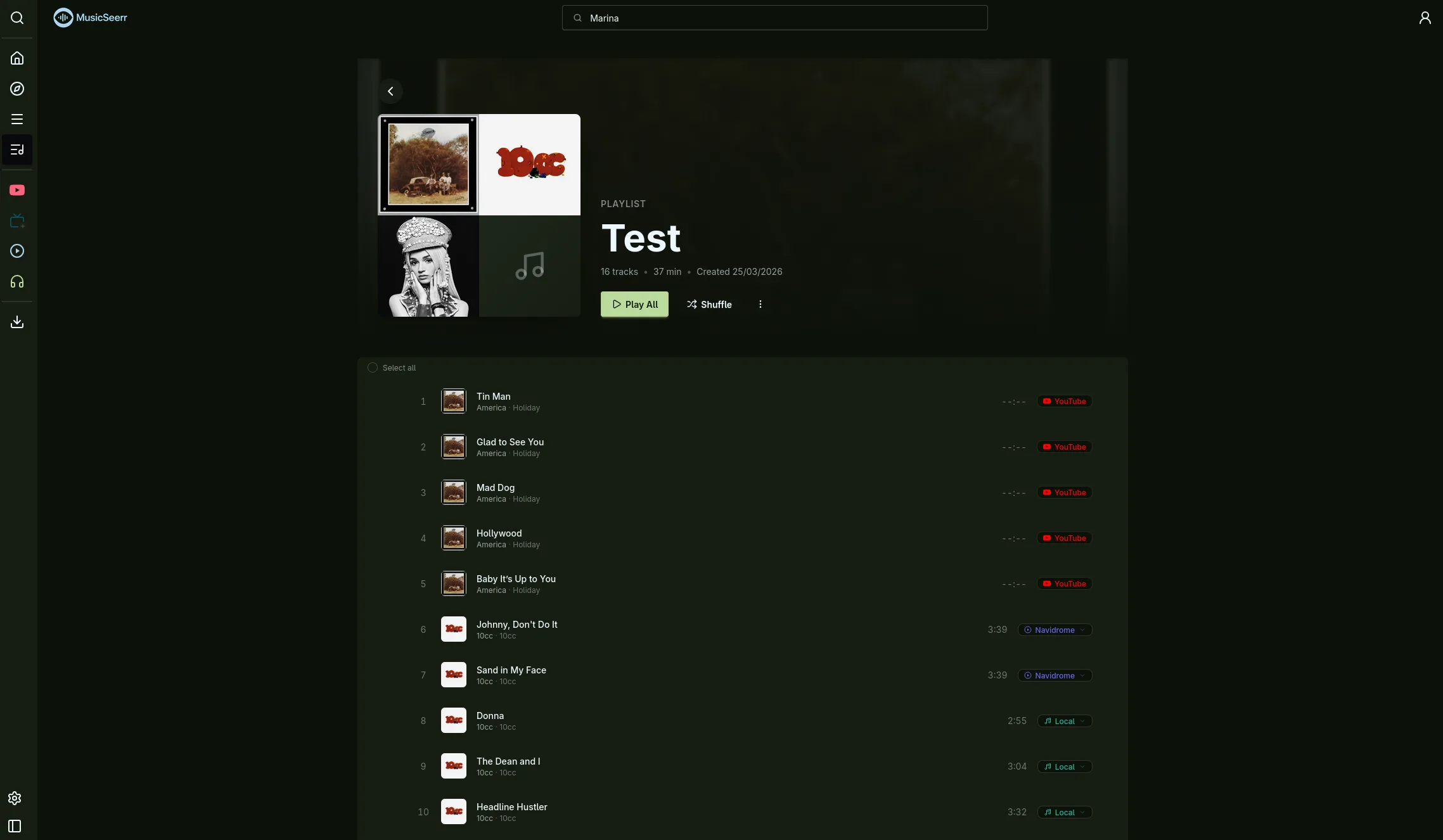MusicSeerr playlist with mixed-source tracks