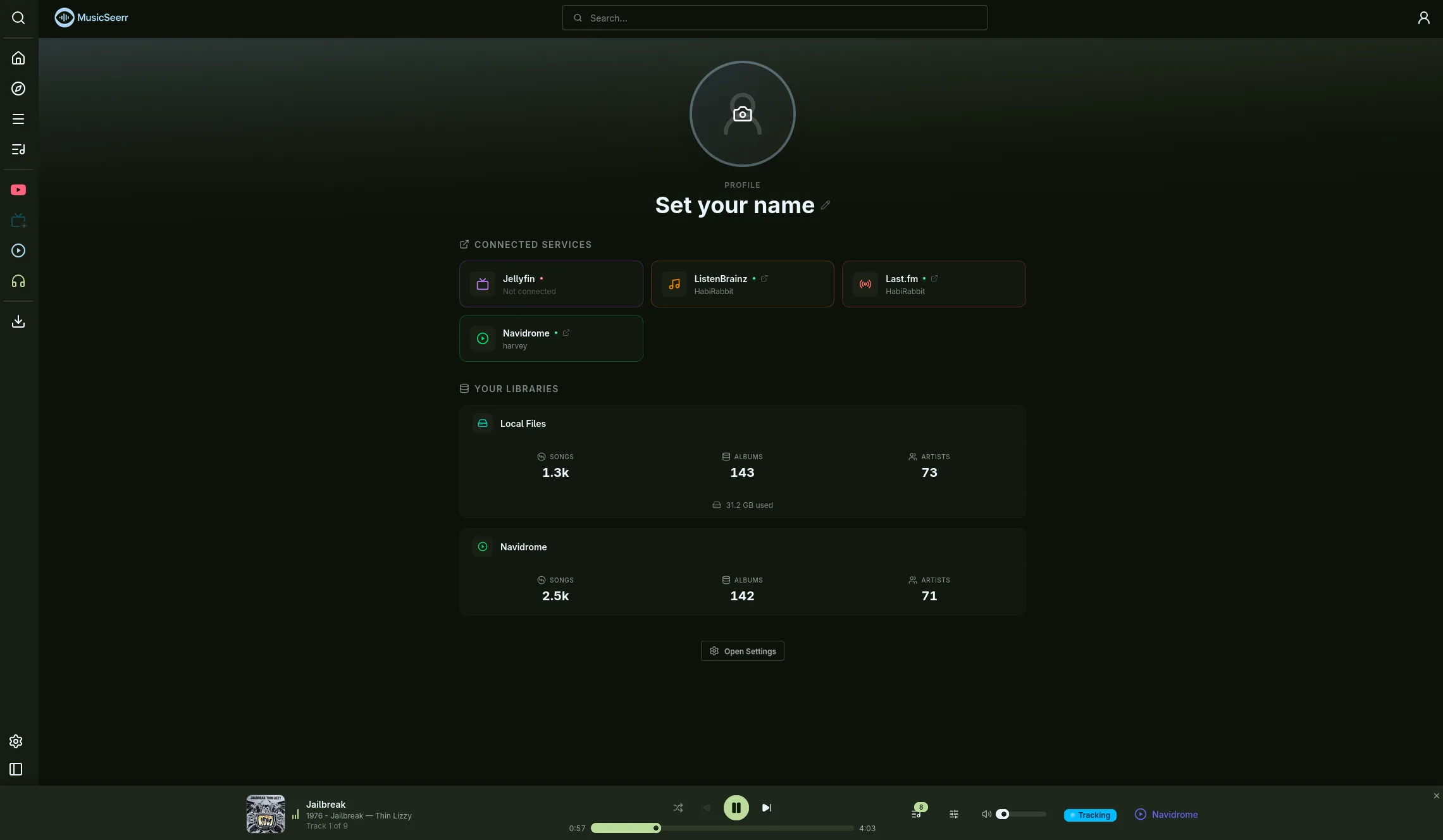 MusicSeerr profile page with connected services
