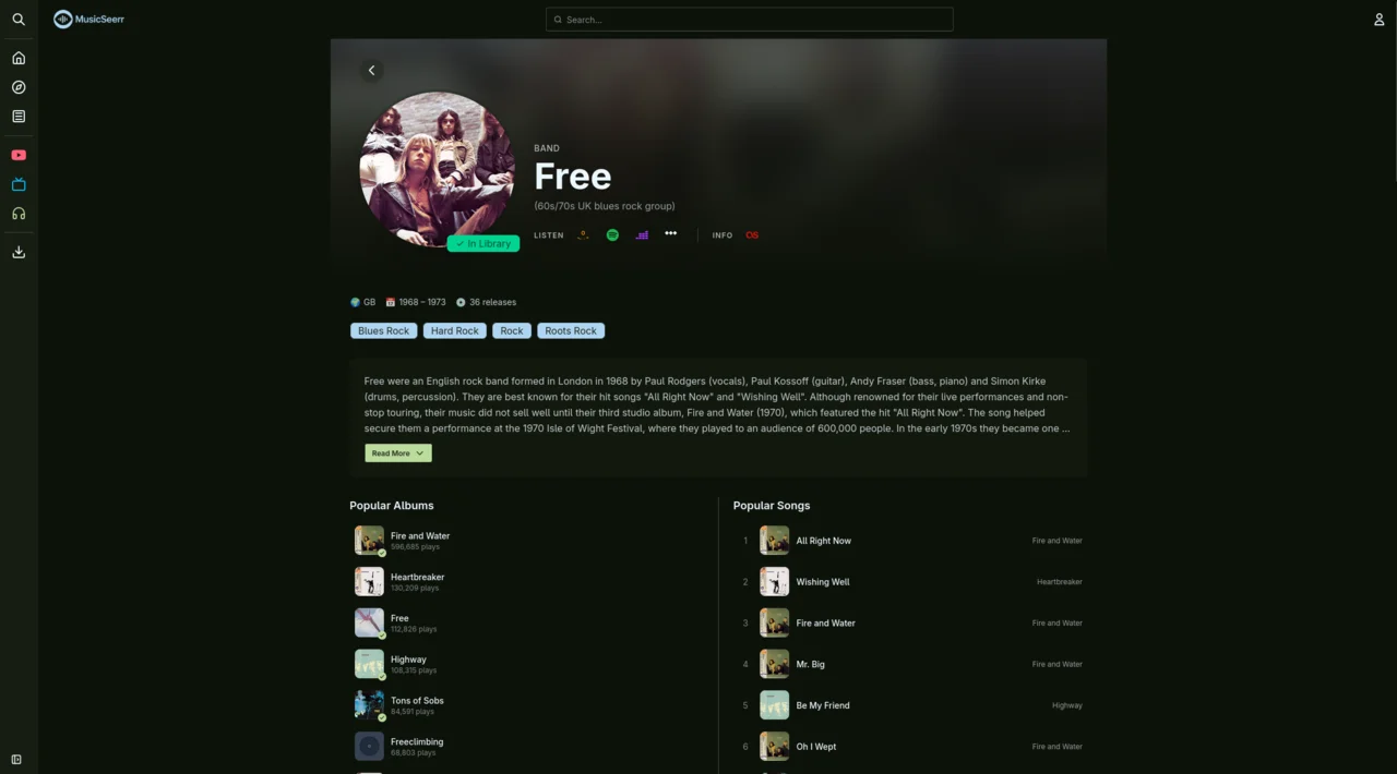 MusicSeerr artist detail page with metadata